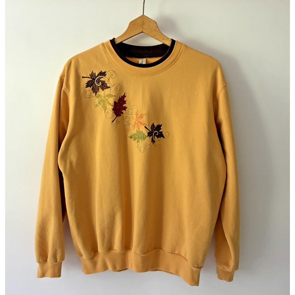 Decorated Original Fall Embroidered Tree Sweatshirt Size L VTG Cozy Cottagecore
